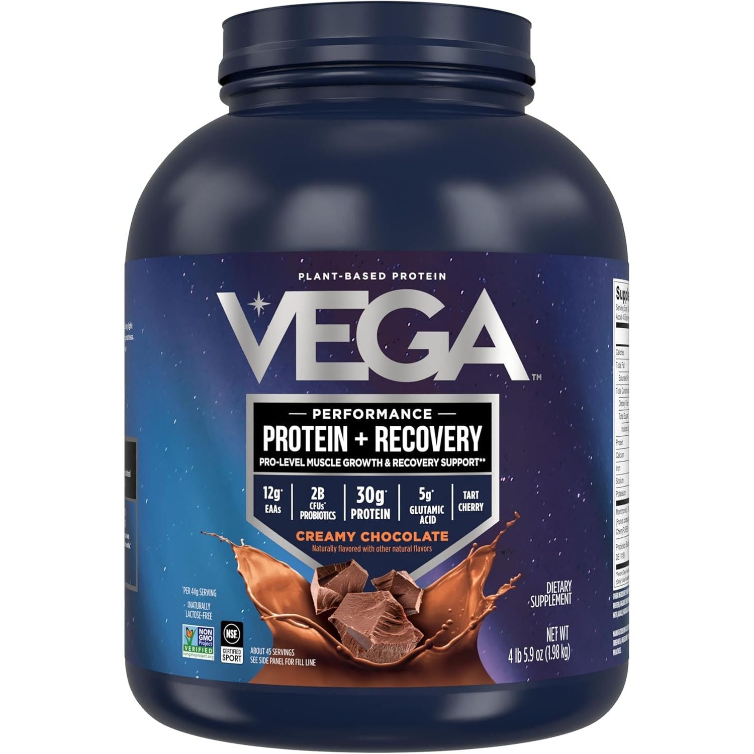 Buy now Vega Sport Vegan Protein Powder + Recovery - 30g Plant Based Protein per Serving, Chocolate, 45 Servings, 5g BCAAs, Probiotics, NSF Certified, For Shakes & Smoothies, 4.4lbs (Packaging May Vary) at indiglob india