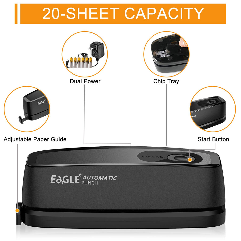 Eagle Electric 3-Hole Punch, 20-Sheet Capacity for 3-Ring Binders, Black