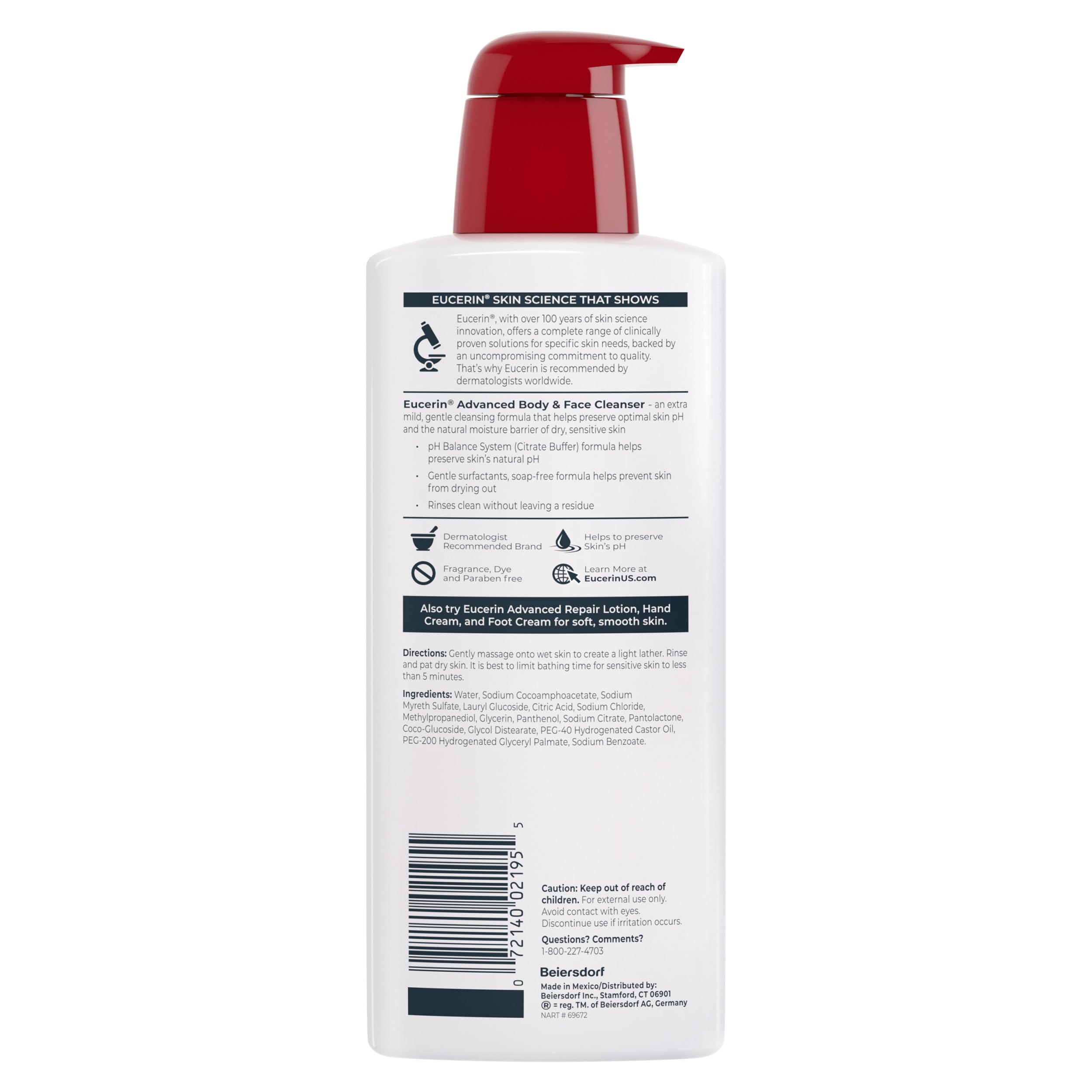 Eucerin Advanced Repair Body and Face Cleanser, 16.9 FL OZ | Body Wash and Face Cleanser with Provitamin B5, Gentle Wash for Normal to Dry, Sensitive Skin, Soap Free, Fragrance Free