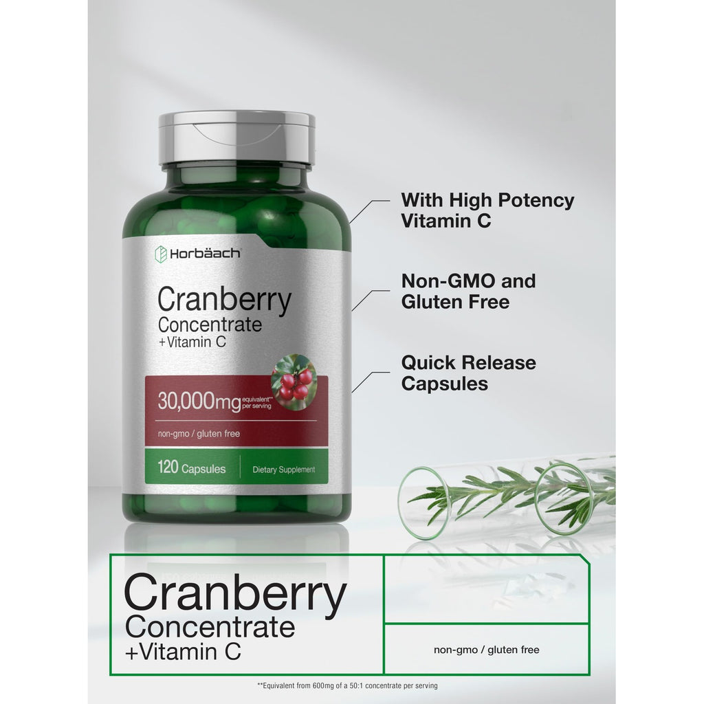 Horbäach Cranberry Concentrate Extract Pills + Vitamin C | 120 Capsules | Supplement for Women and Men | Triple Strength Ultimate Potency Formula | Non-GMO and Gluten Free