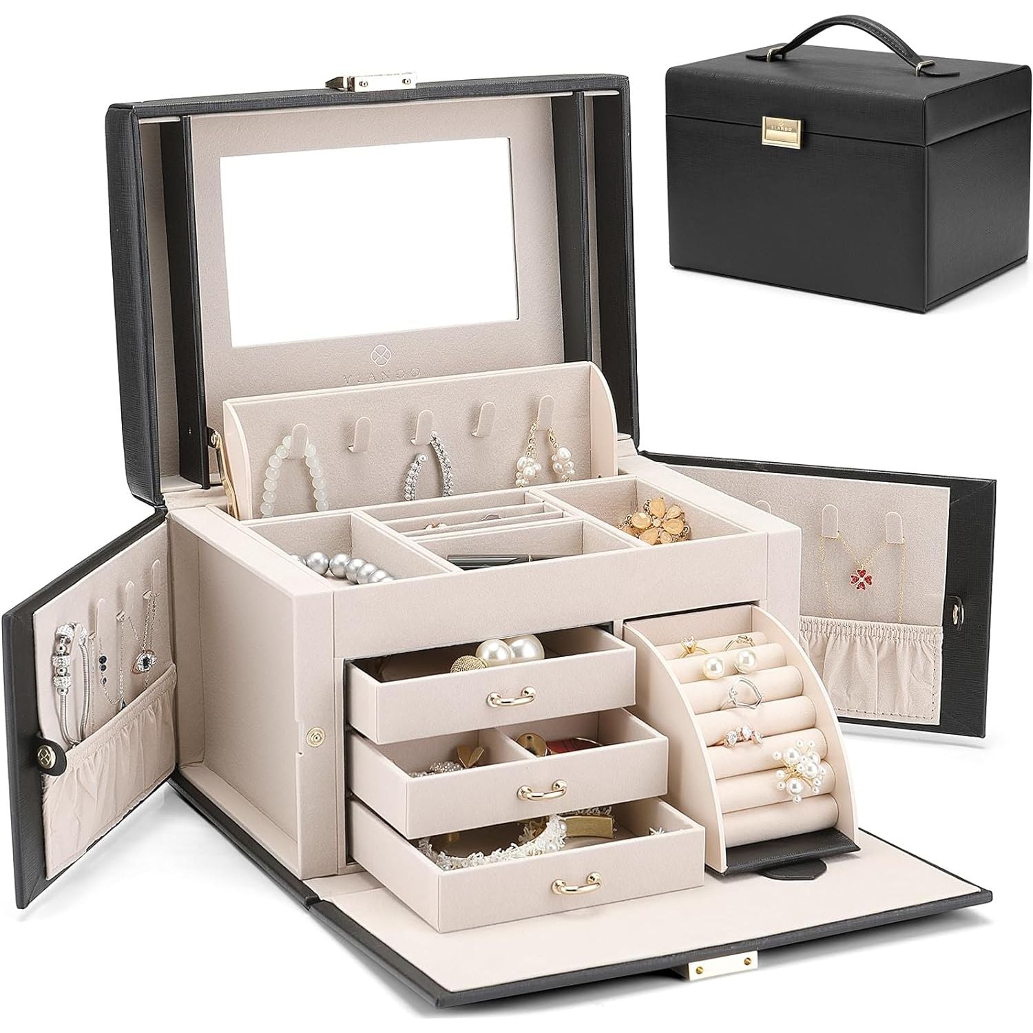 Buy now Vlando Jewelry Box Organizer for Girls Women, Large Baroque Jewelry Holder Organizer with Mirror, 3 Drawers for Bracelets, Earrings, Rings, Necklaces, Mothers Day for Loved One, Pink D.Black at indiglob india