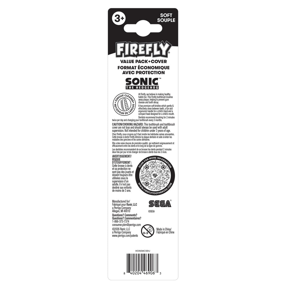 FIREFLY Manual Toothbrush for Kids with Suction Cup, Sonic the Hedgehog, Soft Bristle, 2 toothbrushes + 1 Cover