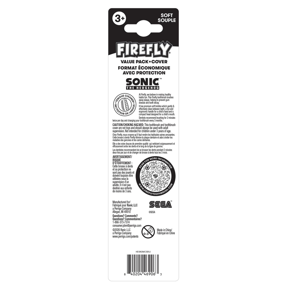 FIREFLY Manual Toothbrush for Kids with Suction Cup, Sonic the Hedgehog, Soft Bristle, 2 toothbrushes + 1 Cover