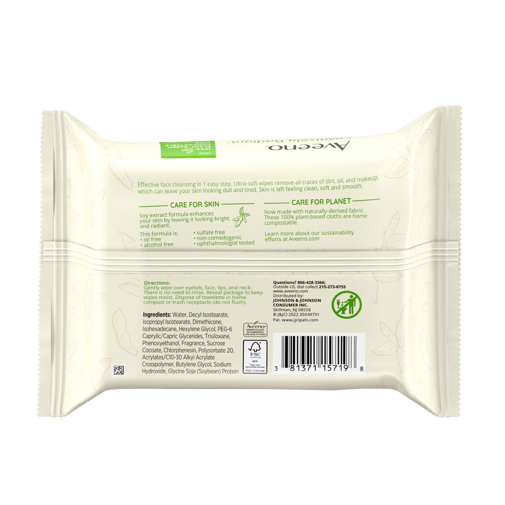 Buy now Aveeno Positively Radiant Alcohol Free Makeup Removing Face Wipes, Ultra Soft, Gentle, Non-Comedogenic Facial Cleansing Towelettes Leave Skin Feeling Clean & Soft, Sulfate Free, 25 ct at indiglob india