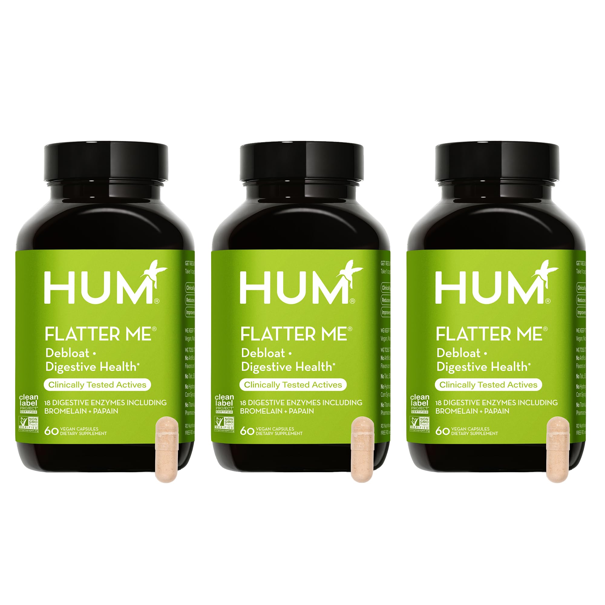 HUM Flatter Me Digestive Enzymes, Digestion & Bloating Support, 60 Count | 18 Digestive Enzymes, Ginger, Peppermint & Fennel, Women & Men, Vegan, Non-GMO, 60 Capsules