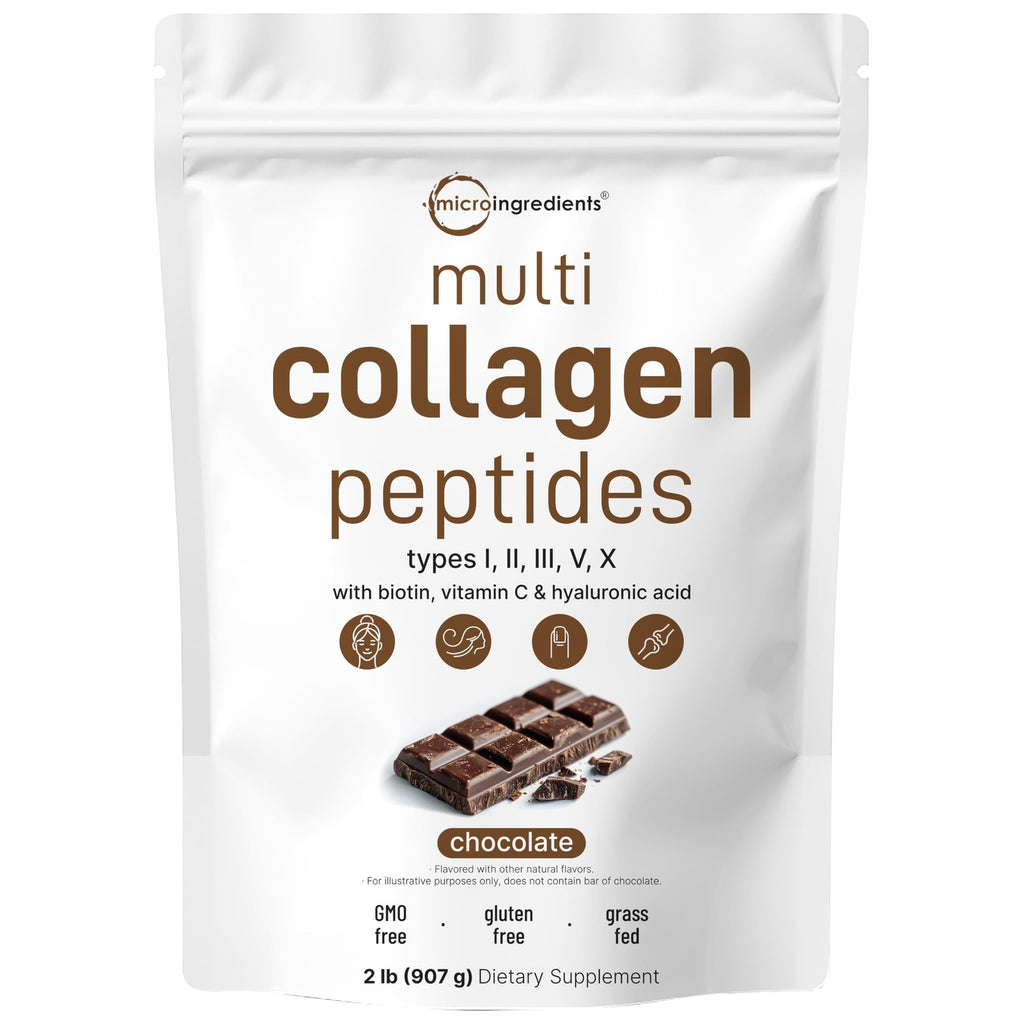 Micro Ingredients Multi Collagen Peptides Powder, 2lb (82 Servings) | Hydrolyzed Type I, II, III, V, X with Biotin, Hyaluronic Acid & Vitamin C. Unflavored Collagen for Women & Men, Easy Dissolve