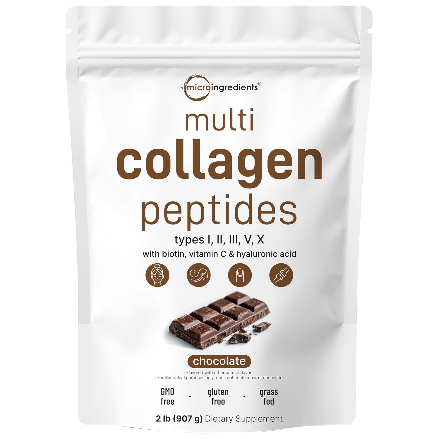 Micro Ingredients Multi Collagen Peptides Powder, 2lb (82 Servings) | Hydrolyzed Type I, II, III, V, X with Biotin, Hyaluronic Acid & Vitamin C. Unflavored Collagen for Women & Men, Easy Dissolve