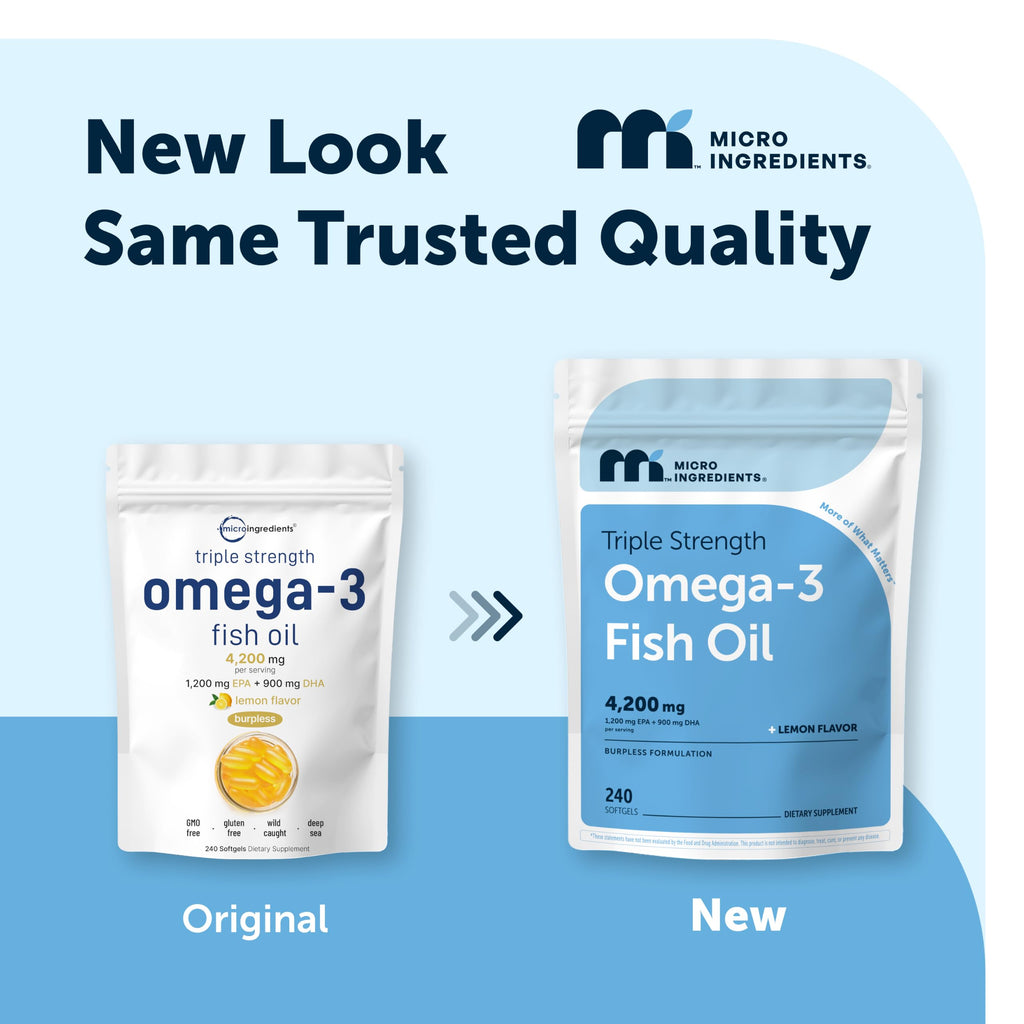 Micro Ingredients Triple Strength Omega-3 Fish Oil 4,200 mg Per Serving | EPA 1200mg + DHA 900mg Per Serving, Wild Caught Fish Source, Lemon-Flavored, 240 Softgels, Burpless, No Fishy Aftertaste.