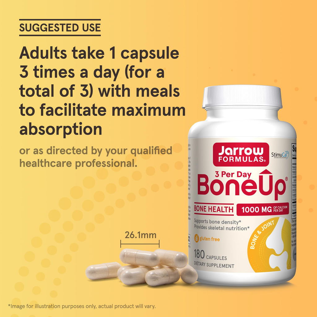 Jarrow BoneUp Three Per Day, Vitamin D3 and Calcium, 180 Capsules | For Bone Density and Skeletal Nutrition, K2 (as MK-7), 60 Day Supply, Take 3 Per Day
