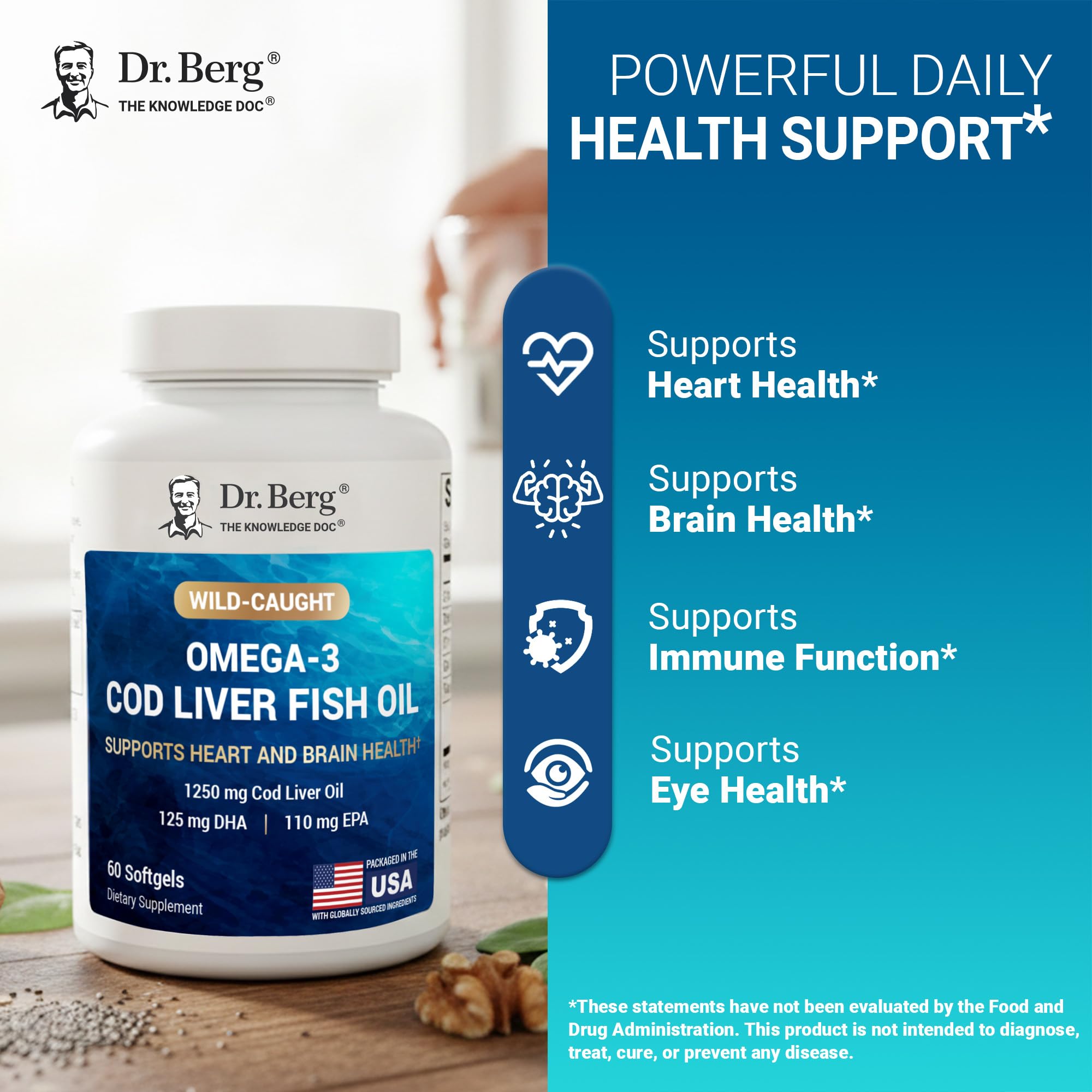 Dr. Berg Omega-3 Cod Liver Fish Oil 60 Softgels – Wild-Caught Icelandic Cod – Omega 3 EPA & DHA – Heart, Brain, Immune & Eye Support* – Lemon Flavor – 4X Lab-Tested – Non-GMO, No Fillers