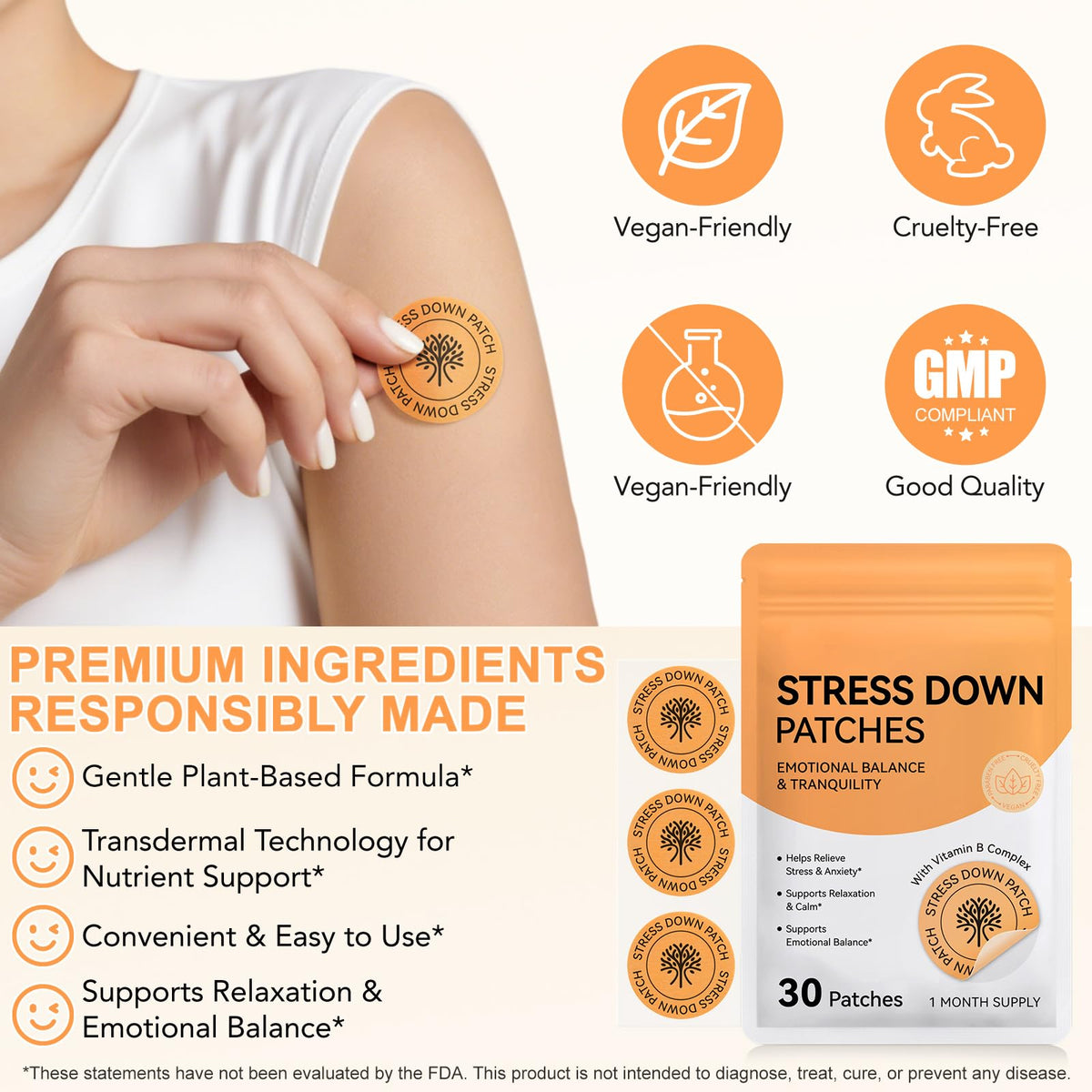 Stress Down Patches - Stress & Anxiety Relief, Cortisol Level Support for Women Men, 30 Patches