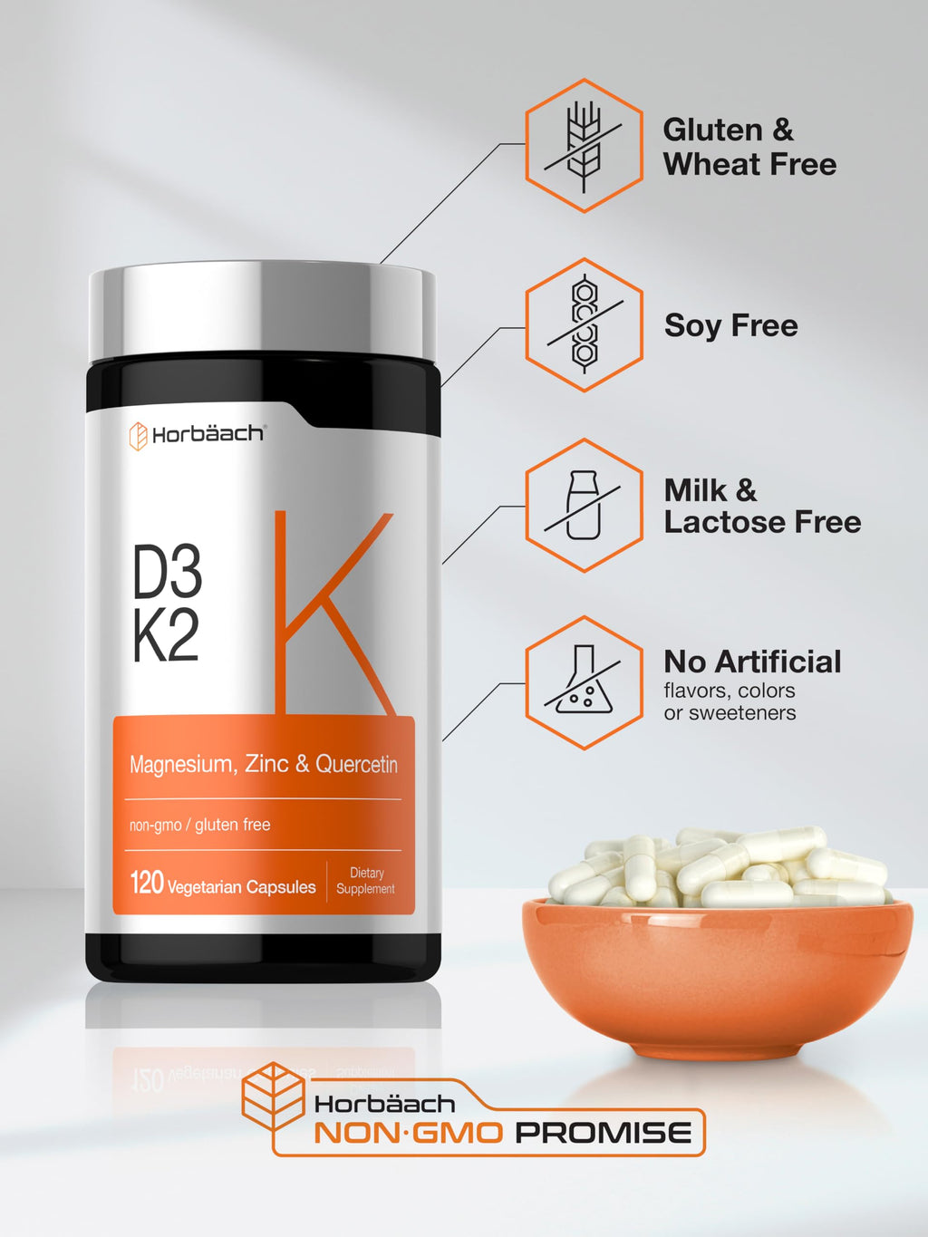 Horbäach Vitamin D3 K2 | 5000 IU D3 | 120 Capsules