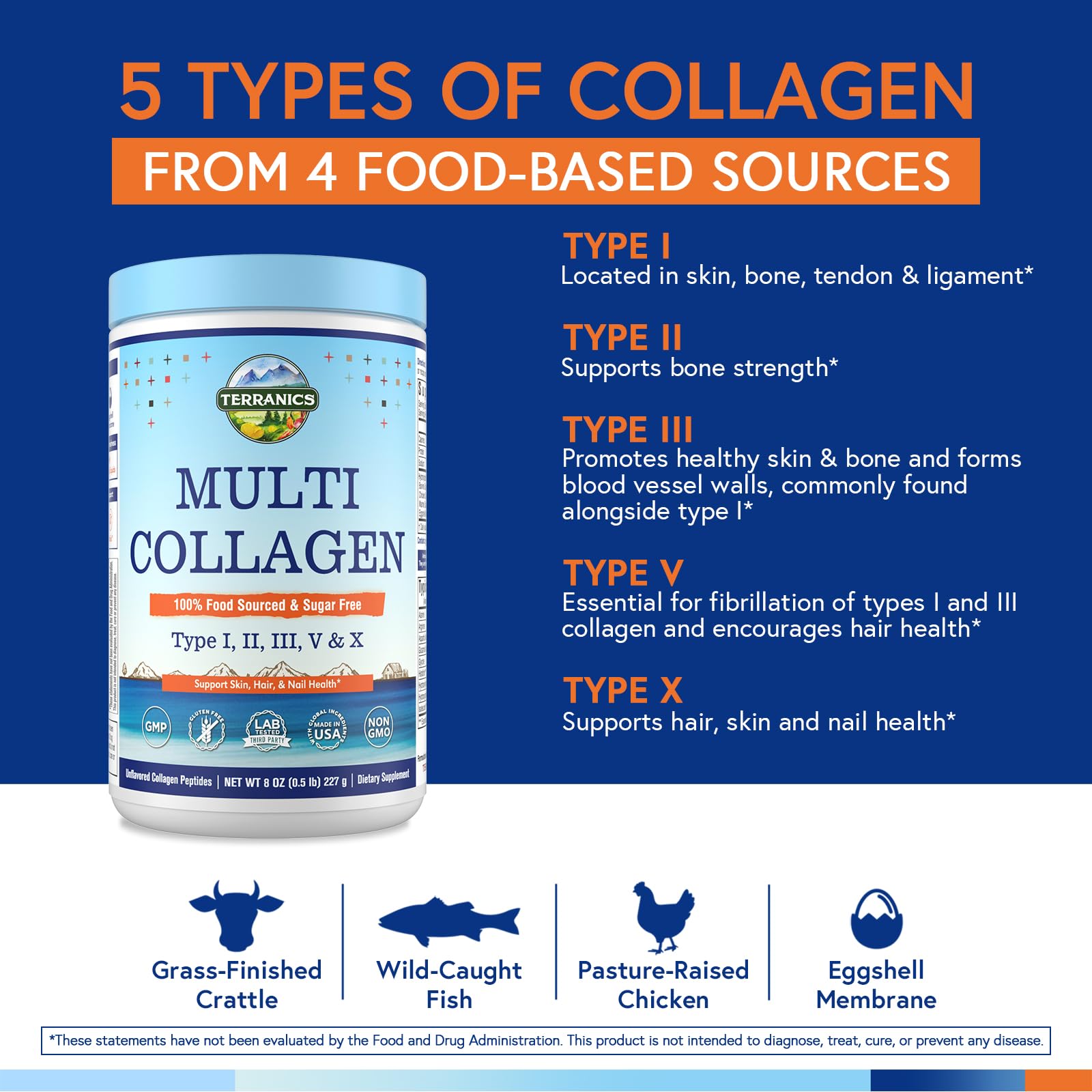 Terranics Multi Collagen Peptides Powder, Type I II III V X Hydrolyzed Collagen for Women+Men, Collagen Supplements, Fast Dissolve, Unflavored Colageno, No Sugar, Keto, 8oz
