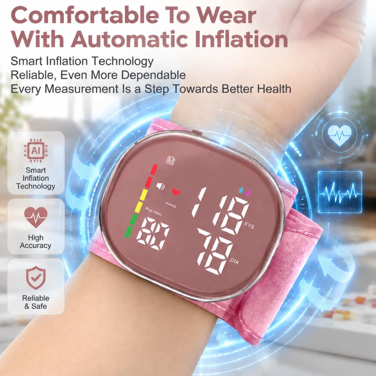 GUAEVER Wrist Blood Pressure Monitor, Rechargeable, Large LED Display, Pink