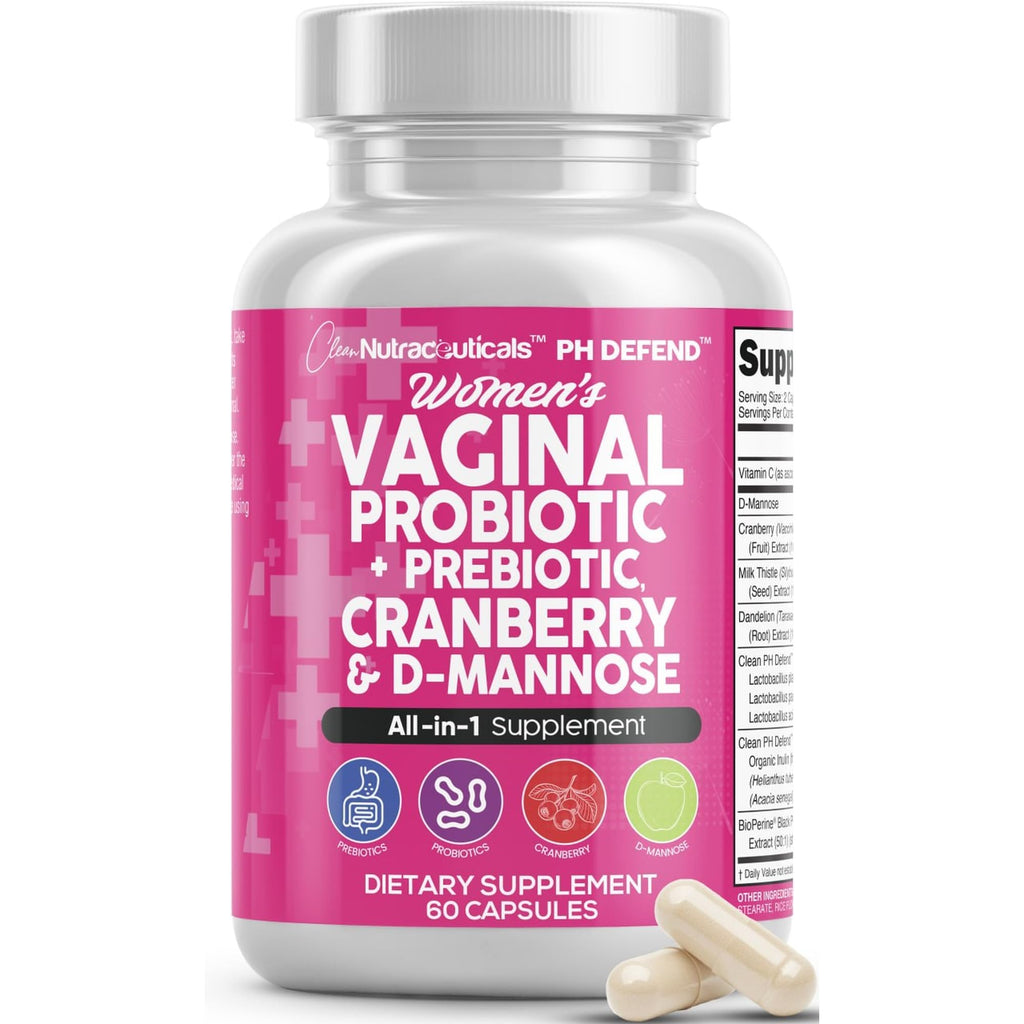 Clean Nutraceuticals Vaginal Probiotics for Women with Cranberry, D-Mannose, Prebiotics, pH Balance Support, Feminine Health, Urinary Tract Cleanse – Capsule Alternative to Gummies – 60 Count