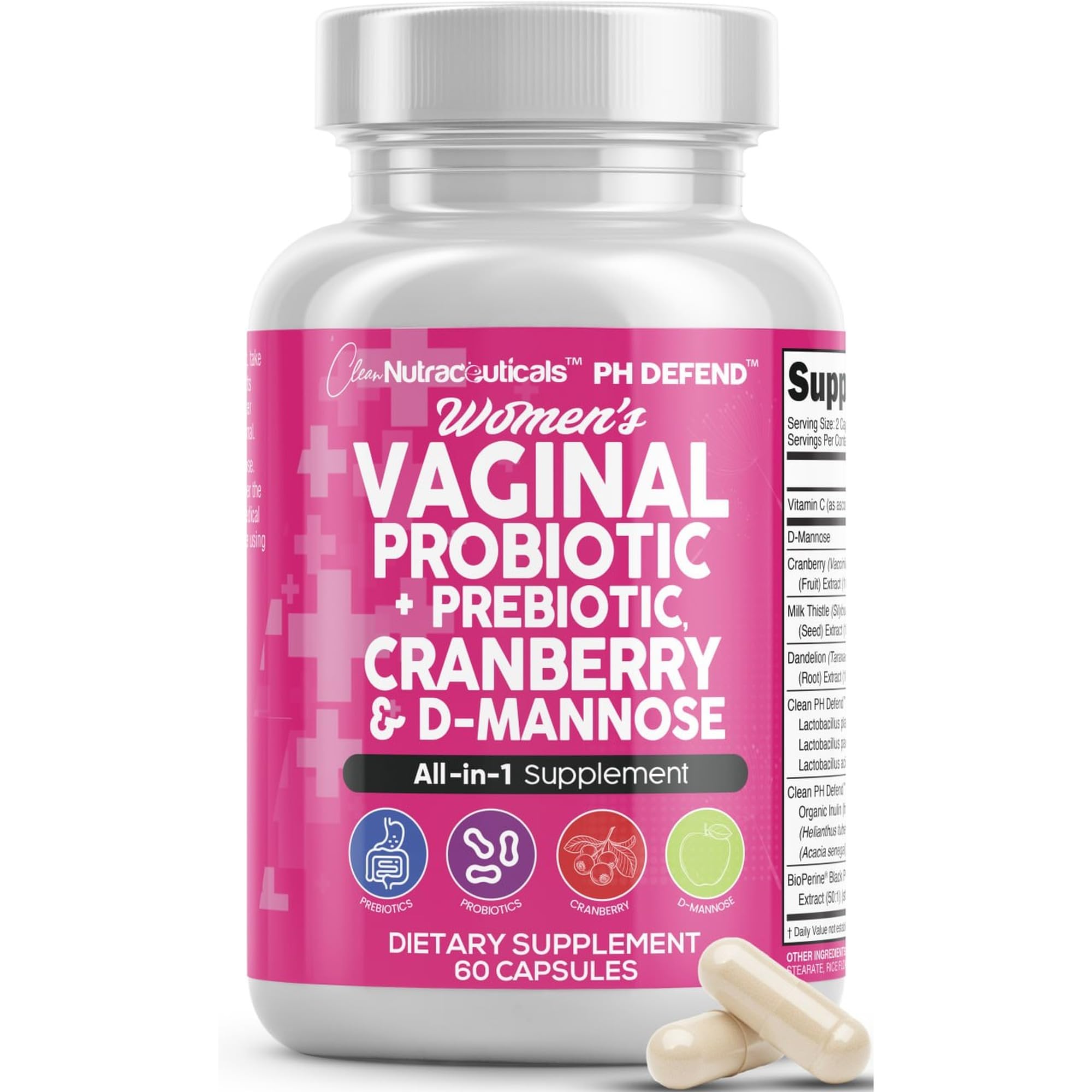 Clean Nutraceuticals Vaginal Probiotics for Women with Cranberry, D-Mannose, Prebiotics, pH Balance Support, Feminine Health, Urinary Tract Cleanse – Capsule Alternative to Gummies – 60 Count