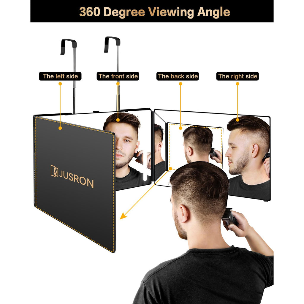 JUSRON 360 Viewing Angle Self Hair Cutting Mirror, Clear Anti-Fog HD Glass, USB Rechargeable, Easy to Use, Height Adjustable, Portable, Good Choice for Gifts | USB Rechargeable, Easy to Use, Height Adjustable, Portable, Good Choice for Gifts