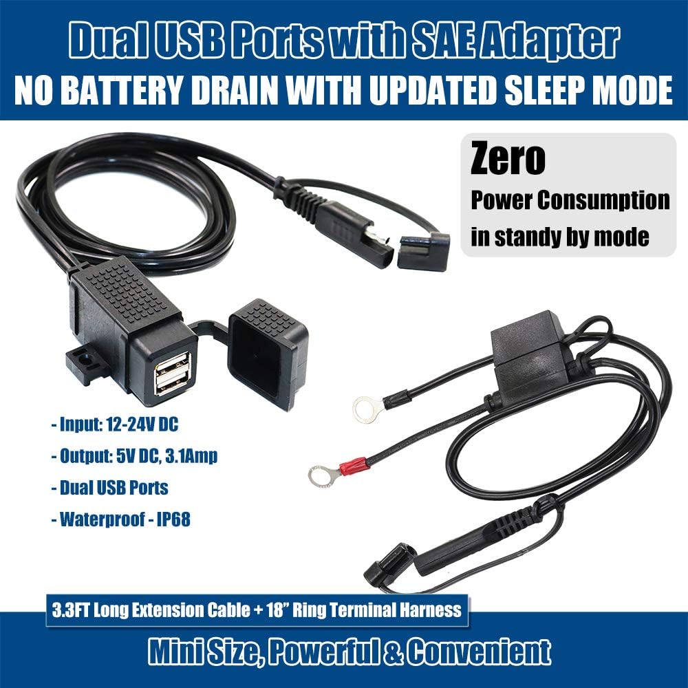 Buy now MOTOPOWER MP0609EA 3.1Amp Waterproof Motorcycle Dual USB Kit SAE to USB Adapter Cable with SAE Ring Terminal Cable Harness at indiglob india