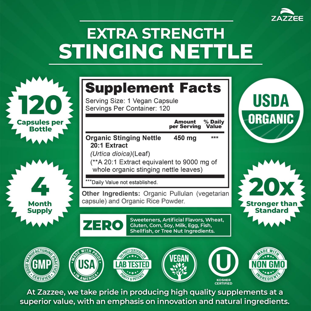 Zazzee USDA Organic Stinging Nettle Leaf 20:1 Extract, 120 Vegan Capsules