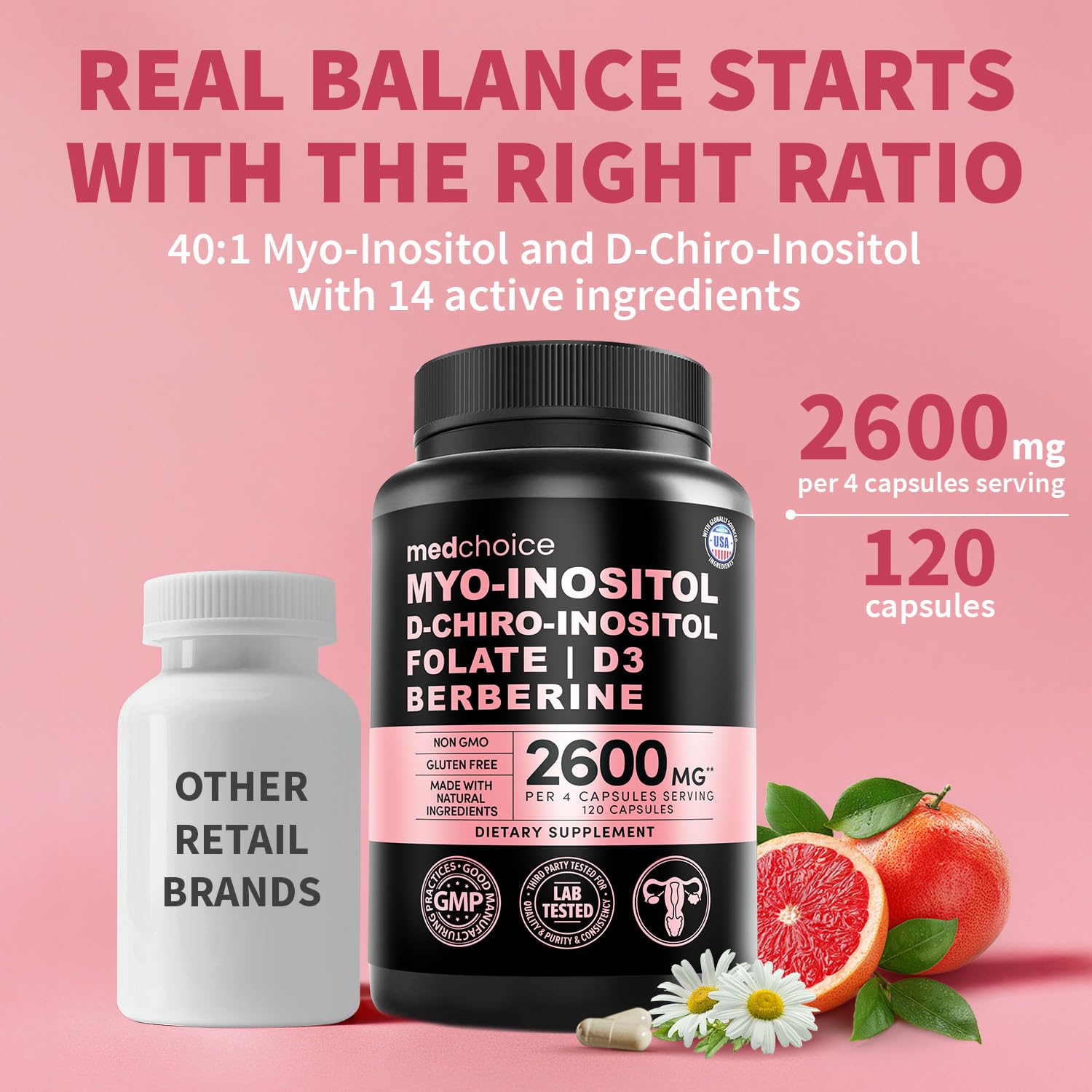 14-in-1 Women’s Inositol Complex Supplement – 40:1 Myo & D-Chiro Inositol with Folate, Vitamin D3, Zinc, Magnesium & Botanicals for Hormone & Feminine Wellness Support – (120 Capsules) (Pack of 2)