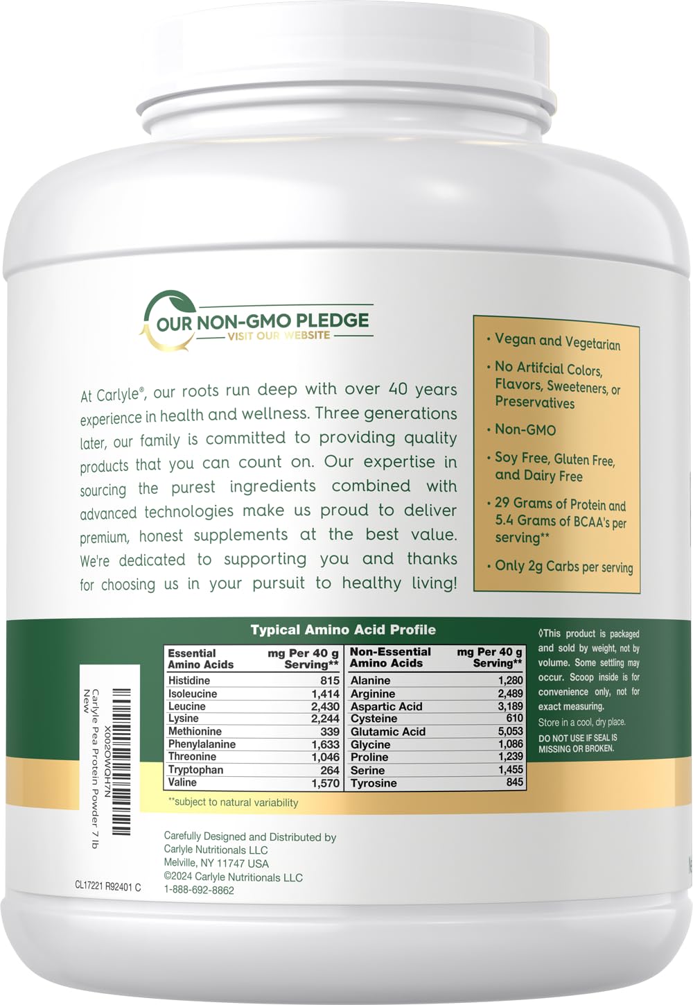 Carlyle Pea Protein Isolate Powder | 7lb | Unflavored | 29G Per Serving
