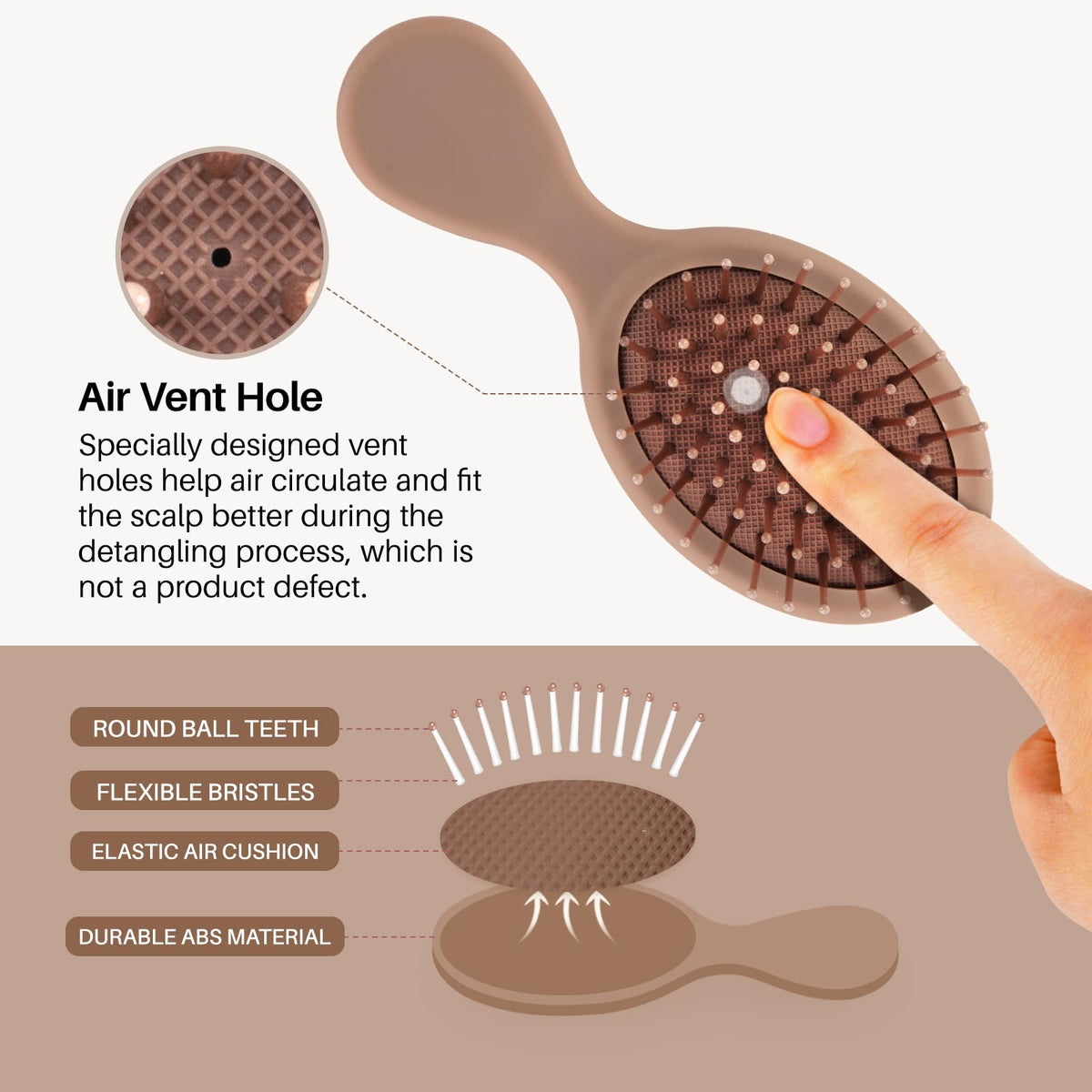 Compact RHOS folding hairbrush features an integrated mirror, flexible bristles, air vent holes, and durable ABS cushion for effortless detangling.