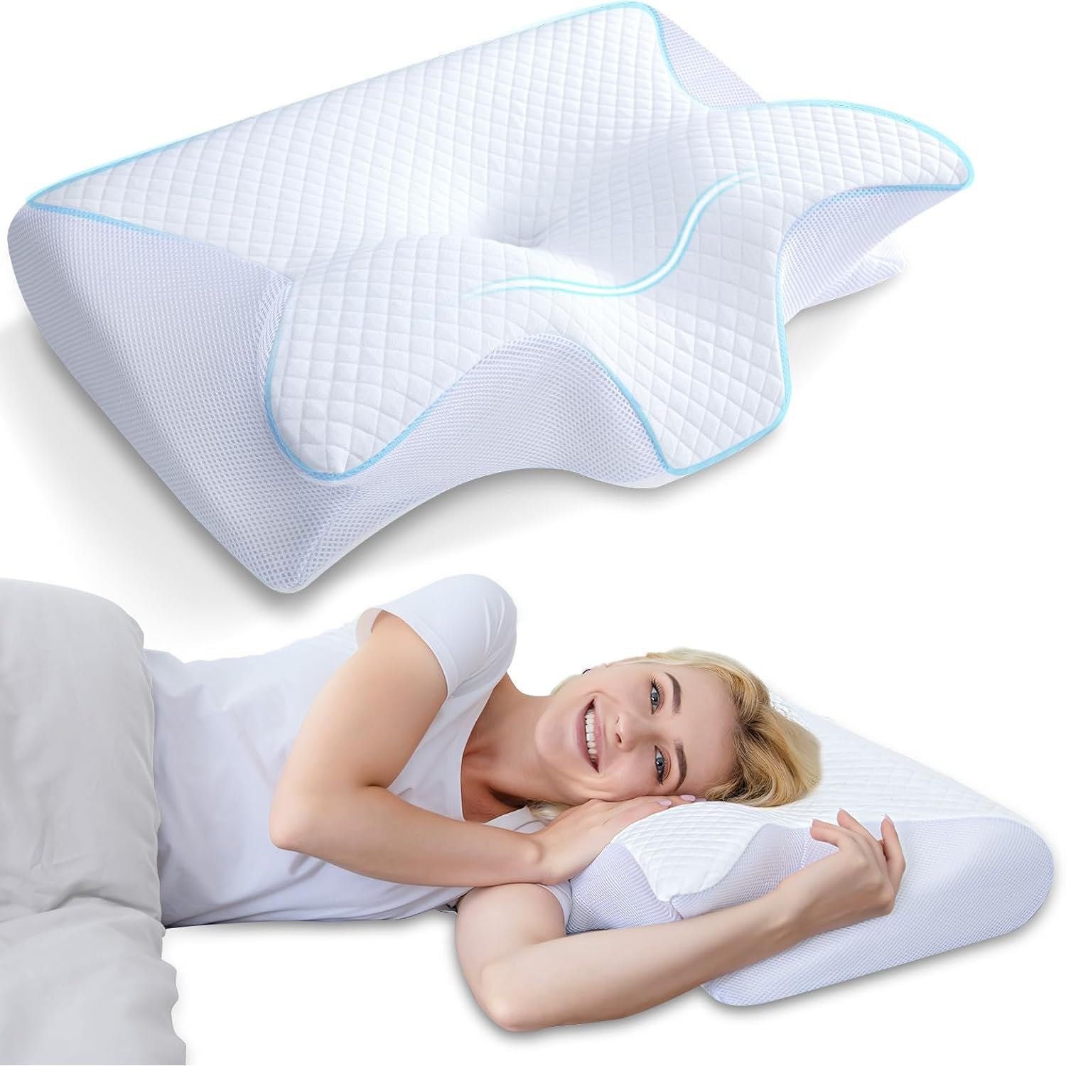 Buy now HOMCA Memory Foam Cervical Pillow, 2 in 1 Ergonomic Contour Orthopedic Pillow for Neck Pain, Contoured Support Pillows for Side Back Stomach Sleepers White at indiglob india