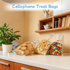 Gewutho 100 Pack Cellophane Bags, 6×10-Inch Clear Cellophane Gift Bags with 100 Gold Twist Ties Included, Plastic Packaging Bags Ideal for Wrapping Cookies, Candies, Party Favors, and Popcorn