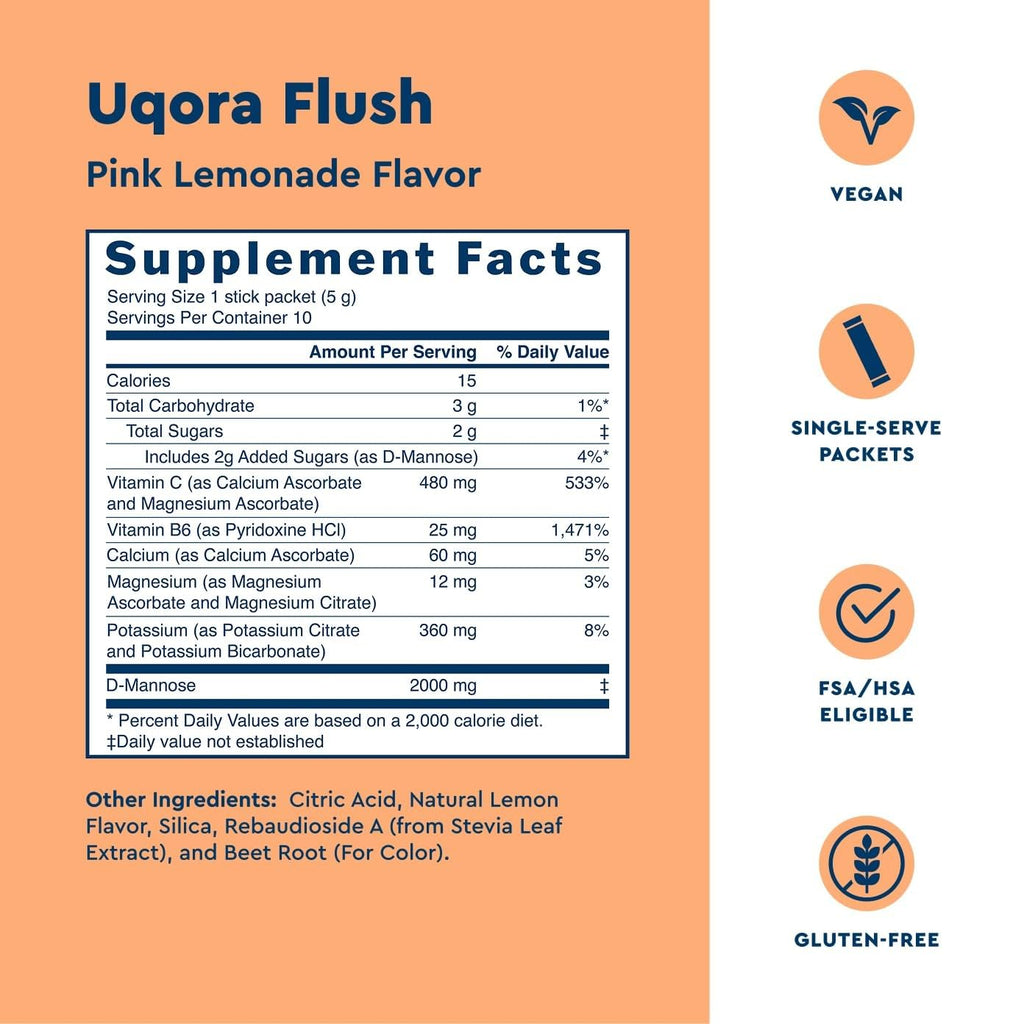 Uqora Flush, Urinary Tract Support, Pink Lemonade, 10 Packets | Urinary Tract Support* with D-Mannose, Vitamin C, B6, Potassium, Magnesium, and Calcium, Gluten-Free and Vegan