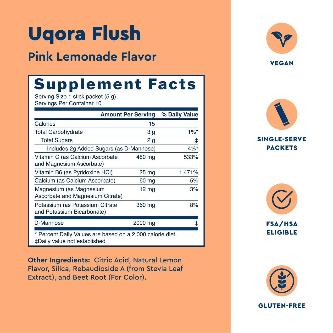 Uqora Flush, Urinary Tract Support, Pink Lemonade, 10 Packets | Urinary Tract Support* with D-Mannose, Vitamin C, B6, Potassium, Magnesium, and Calcium, Gluten-Free and Vegan
