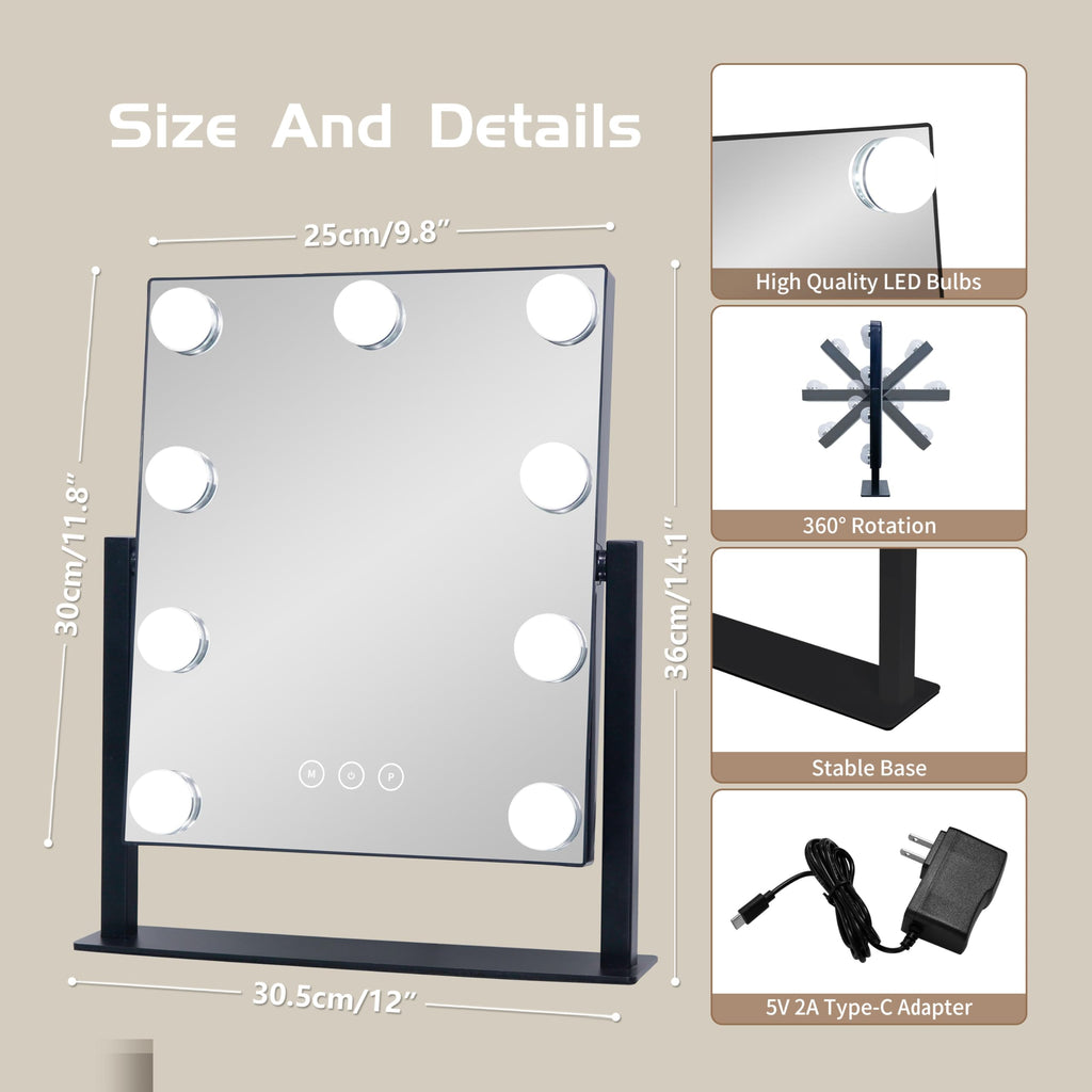 Vanity Mirror with Lights,Makeup Mirror with Lights with 9 Dimmable LED Bulbs, 3 Color Lighting Modes Detachable 10X Magnification Mirror Touch Control,360°Rotation