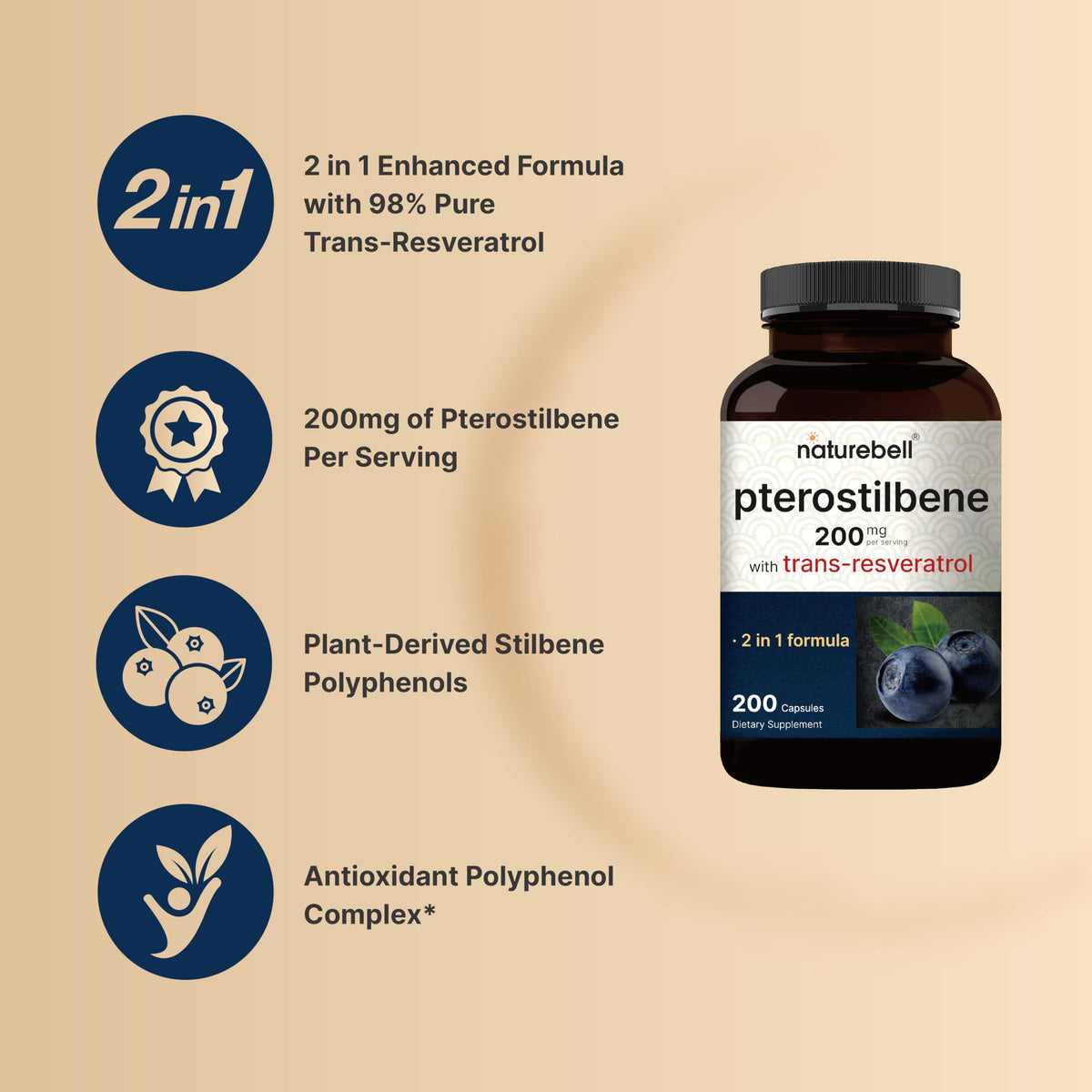 NatureBell Pterostilbene 200 mg Per Serving with Trans-Resveratrol – 200 Capsules – 2-in-1 Antioxidant Polyphenol Formula* – Non-GMO