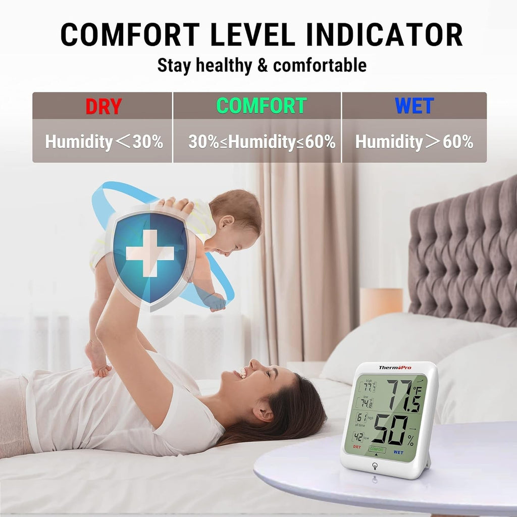 Buy now ThermoPro TP53 Digital Hygrometer Indoor Thermometer for Home, Temperature Humidity Sensor with Comfort Indicator & Max Min Records, Backlight Display Room Thermometer Humidity Meter, LCD at indiglob india