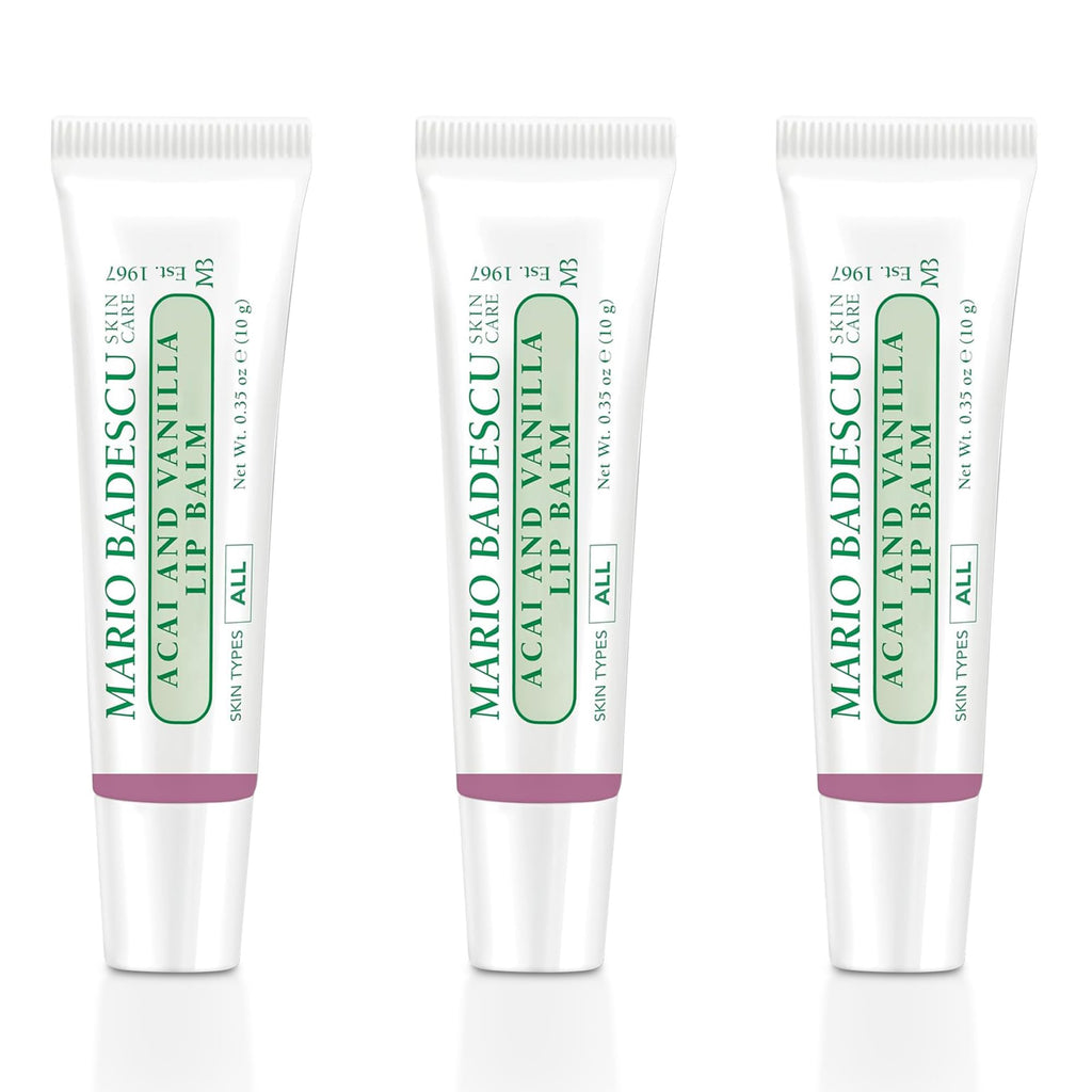 Buy now Mario Badescu Moisturizing Lip Balm for Dry Cracked Lips, Infused with Coconut Oil and Shea Butter, Ultra-Nourishing Lip Care Moisturizer for Soft, Smooth and Supple Lips Acai and Vanilla (Pack of 3) at indiglob india