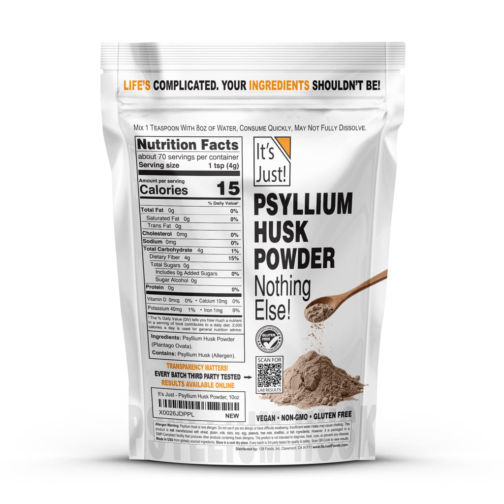 It's Just! - Psyllium Husk Powder, GLP-1 Friendly, Easy Mixing Dietary Fiber, Cleanse Your Digestive System, Finely Ground Powder, Ideal for Keto Baking, Non-GMO (Unflavored, 10oz (Pack of 1))