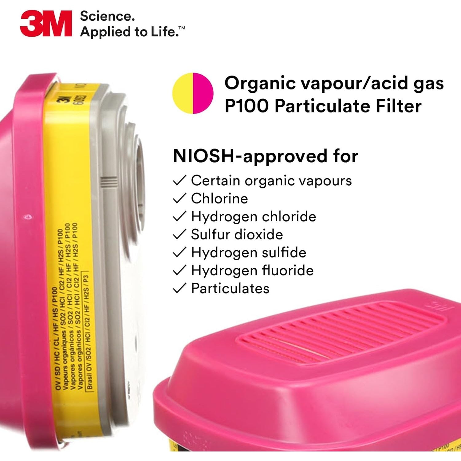 Buy now 3M P100 Respirator Cartridge/Filter 60923, 1 Pair, NIOSH Approved, Helps Protect Against Organic Vapors, Acid Gases, and Particulates, Magenta, Yellow at indiglob india