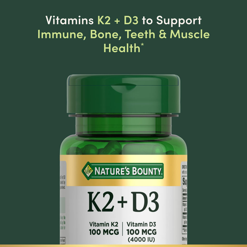 Nature’s Bounty Vitamin D3 K2 Supplement, 4000 IU Vitamin D3 plus 100 mcg of Vitamin K Supplements for Adults for Heart & Bone Health Support, 30 Day Supply, 30 Vegetarian Capsules