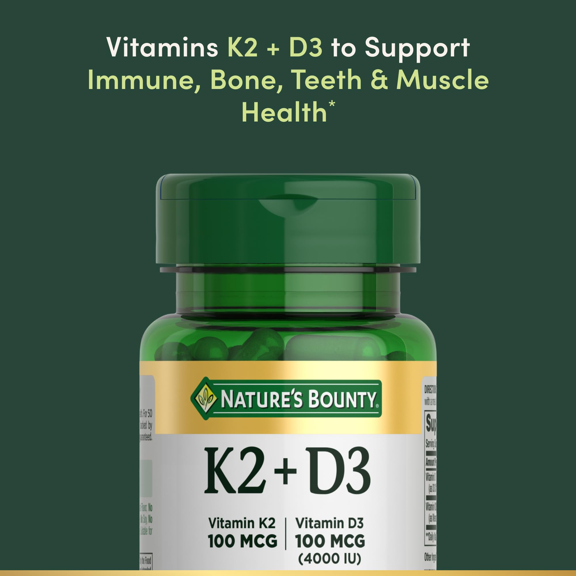 Nature’s Bounty Vitamin D3 K2 Supplement, 4000 IU Vitamin D3 plus 100 mcg of Vitamin K Supplements for Adults for Heart & Bone Health Support, 30 Day Supply, 30 Vegetarian Capsules