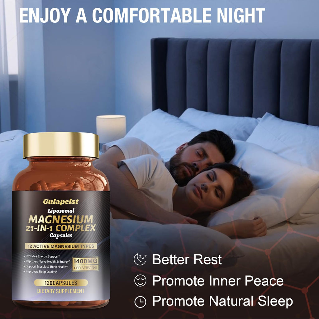 21 in 1 Liposomal 1400mg Magnesium Complex (Citrate, Glycinate, Malate etc) Capsule - 12 Active Types Magnesium with Vitamin D3, B6, B12, C, Ashwagandha & CoQ10 for Women & Men - Support Bone & Muscle