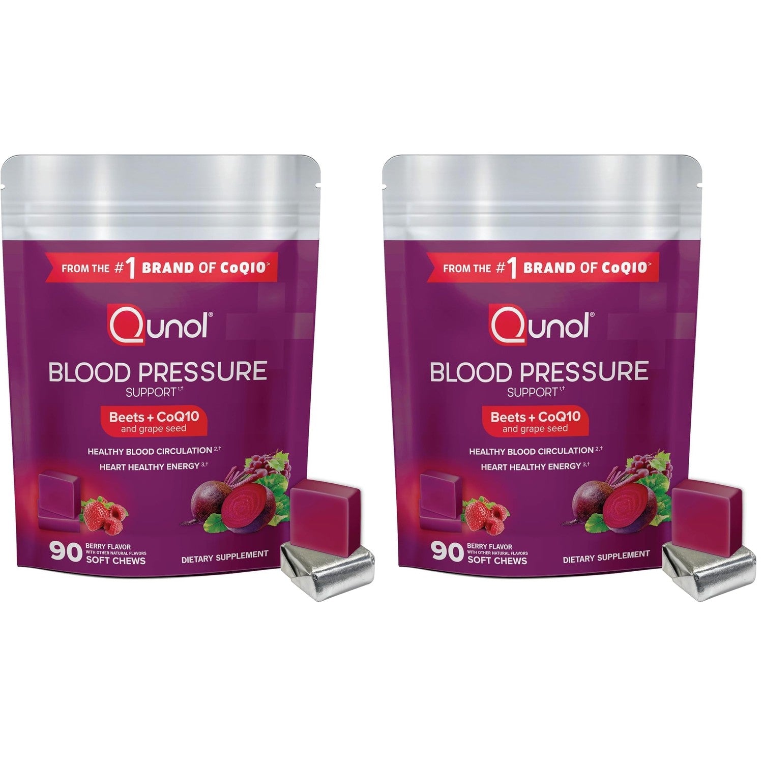 Qunol 3-in-1 Beet Roots Chews with CoQ10, Blood Pressure Support, 60ct | Supports Healthy Blood Circulation & Heart Healthy Energy, From the #1 Brand of CoQ10, Vegetarian, No Synthetic Dyes