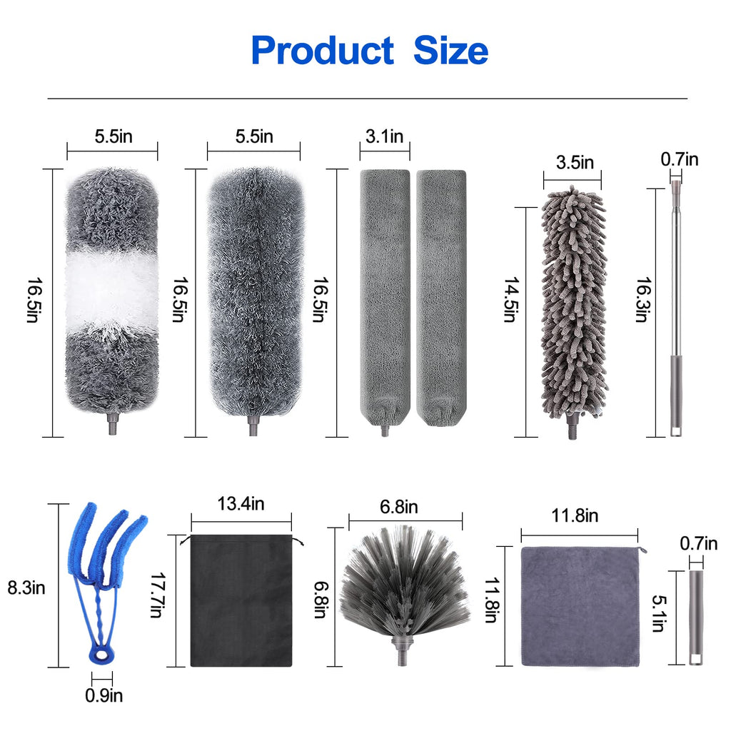Microfiber Duster Kit (11PCS) - Washable Dusters with Extension Pole (30 to 100 in) for Cleaning Ceilings, Fans, Furniture