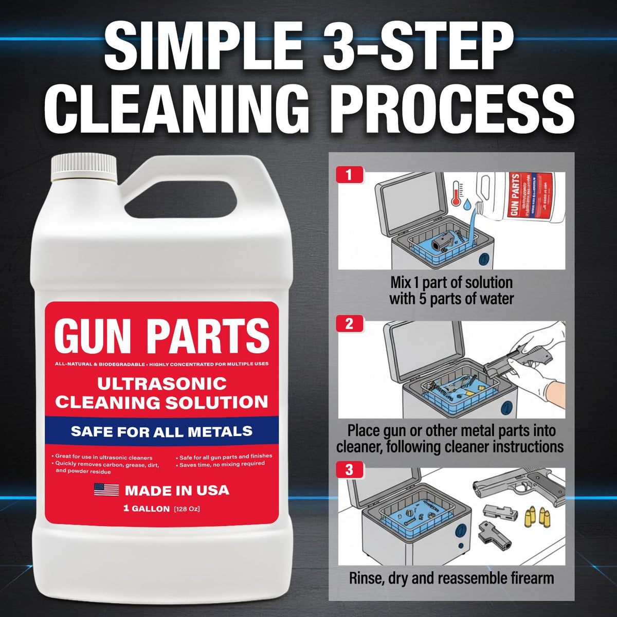 Ultrasonic Gun Cleaning Solution - Makes 8 Gallons and Safe for All Metals