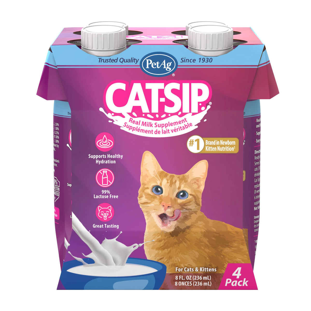 Pet-Ag Cat-Sip Real Milk - 8 oz, 4 Pack - Ready-to-Feed Snack for Cats & Kittens - Easy to Digest with 99% Lactose-Free, Low-Fat Grade A Milk - Encourages Hydration