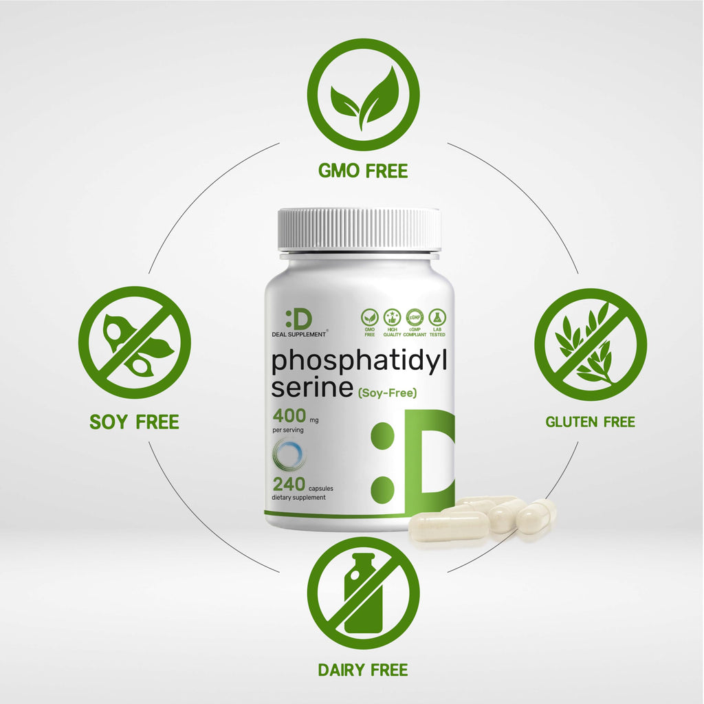 Phosphatidylserine Supplement, 400mg Serving, 240 Capsules – Soy Free Sunflower Lecithin Source