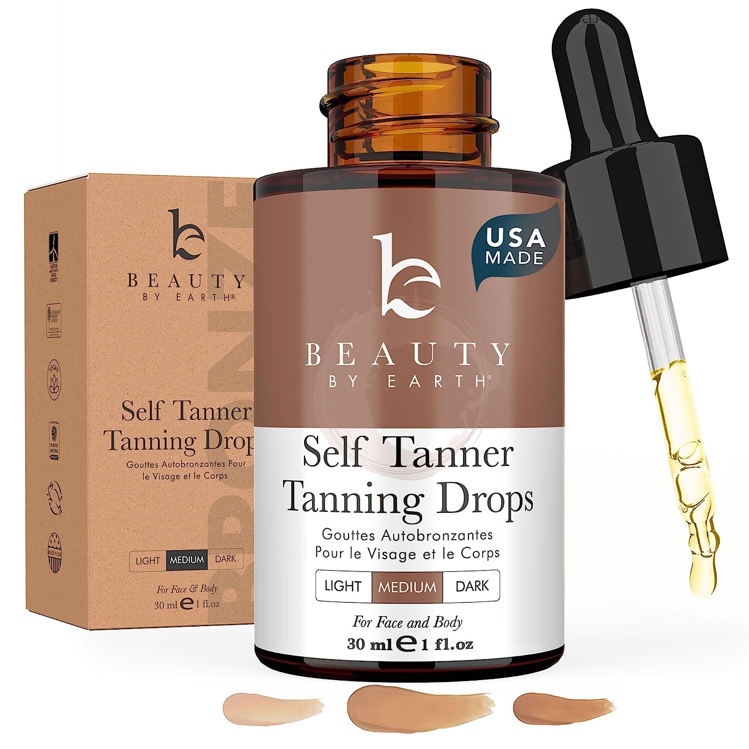 Self Tanning Drops - USA Made with Natural & Organic Ingredients | Medium Face Tanning Drops to Add to Lotion, Moisturizing Bronzing Tanner for Face & Body, Toxin Free Tanner for Fake Tan