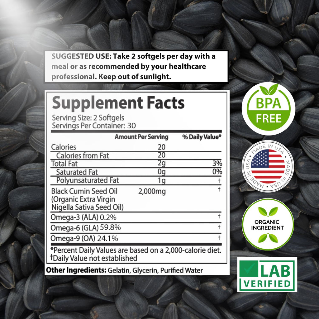 MNO Black Seed Oil Capsules 2000mg High TQ, 60 Count, Cold Pressed Supply | Organic cold pressed black cumin oil capsules with high TQ for immune & joint support, 1 month supply, 60 count