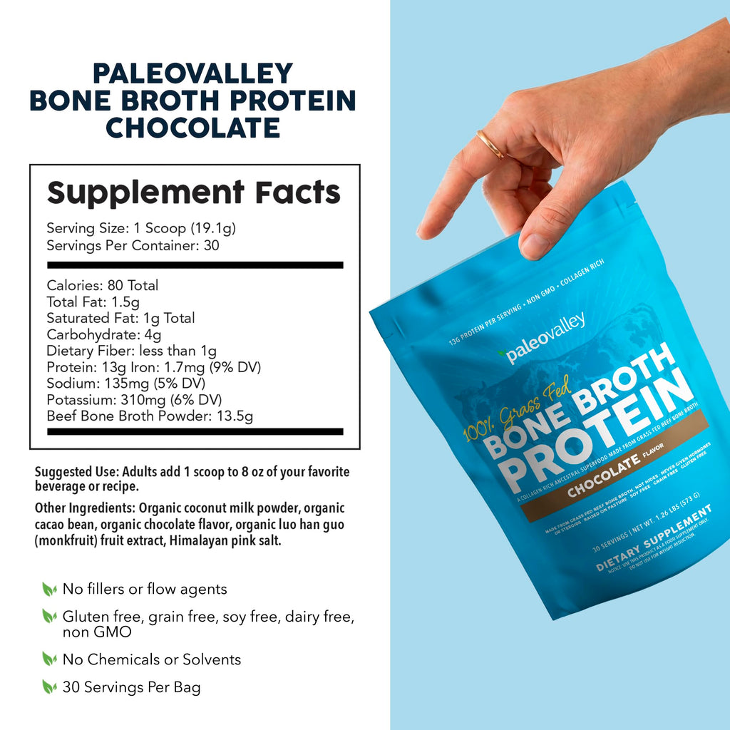 Paleovalley 100% Grass Fed Bone Broth Protein Powder, Chocolate | Collagen Rich, Digestive and Gut Health Support, Joint Support Hair, Skin and Nail Support, 13g Protein