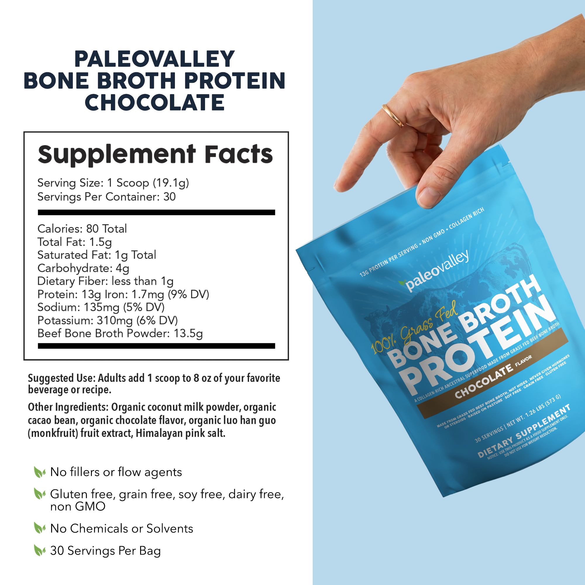Paleovalley 100% Grass Fed Bone Broth Protein Powder, Chocolate | Collagen Rich, Digestive and Gut Health Support, Joint Support Hair, Skin and Nail Support, 13g Protein