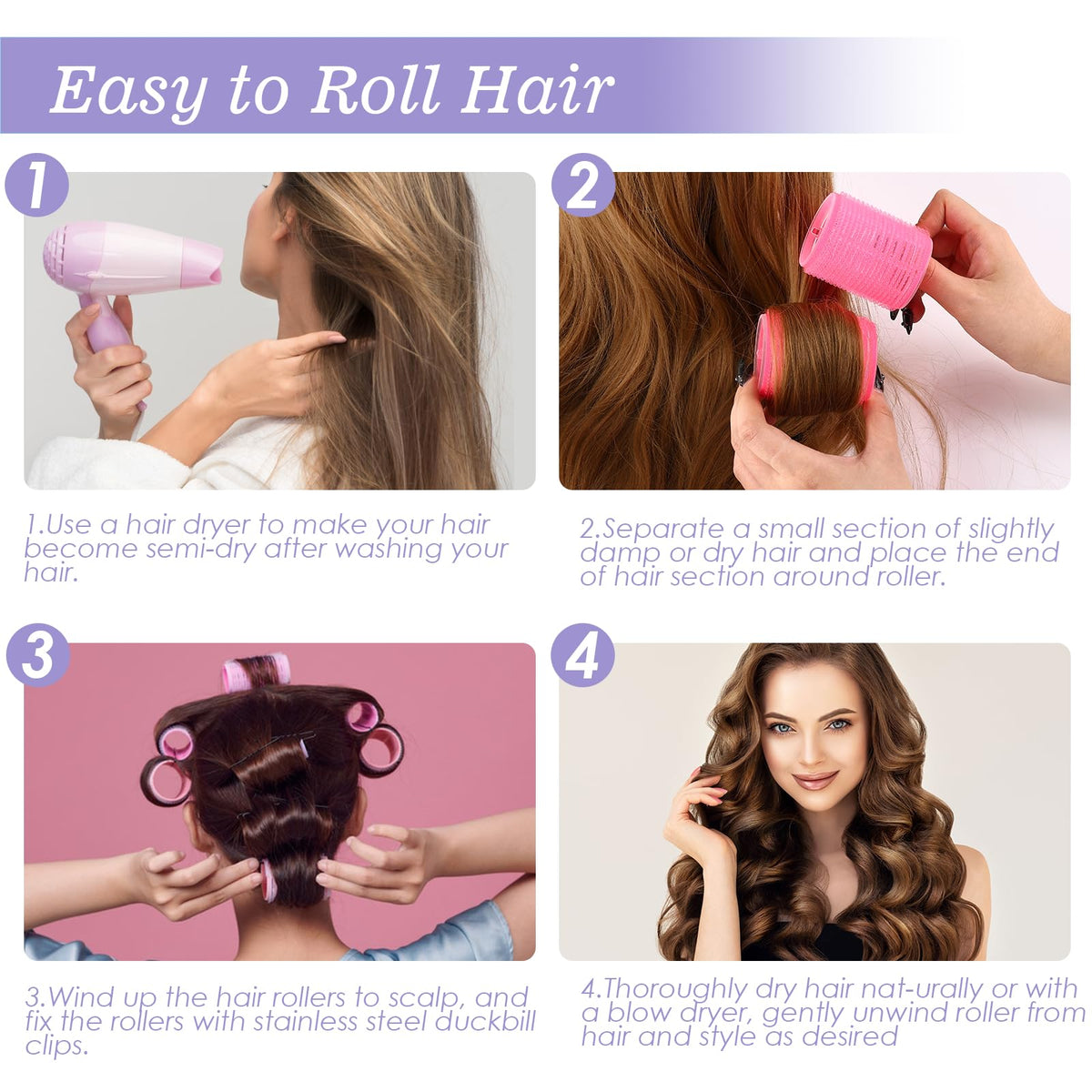 5 Size Hair Rollers for Blowout Look Long Hair, Women, 72Pcs Roller Set