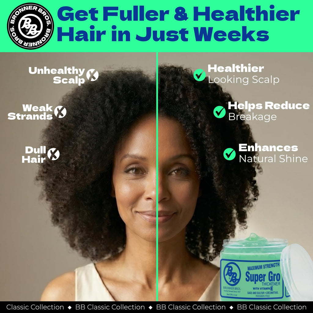 Bronner Bros Maximum Strength Super Gro Hair Grease & Scalp Treatment, 6oz | Hair Dress for Dry Scalp, Breakage Support, Shine & Healthy Hair, With Coconut Oil, Vitamins, Sage & Sulfur, All Hair Types